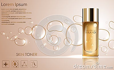 Cosmetic ads template with golden bottle package design Vector Illustration