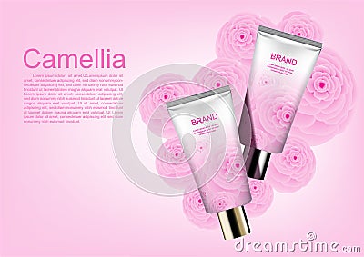 Cosmetic ads template, pink camellia lotion and moisturizer Vector Illustration