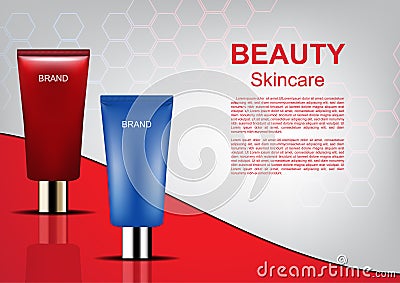 Cosmetic ads template, cosmetic tube on red white background Vector Illustration