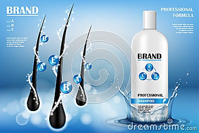 Cosmetic ads template. White plastic tube with hair shampoo and water splash. Shampoo Product brand mockup design Vector Illustration