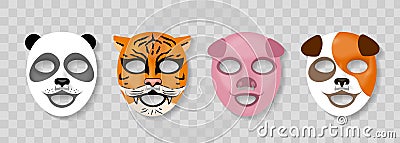 Cosmetic animal face mask. Skin caring cotton masks with funny animal faces design, panda and tiger, pig and dog. Realistic Vector Illustration