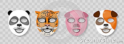 Cosmetic animal face mask. Skin caring cotton masks with funny animal faces design, panda and tiger, pig and dog Vector Illustration