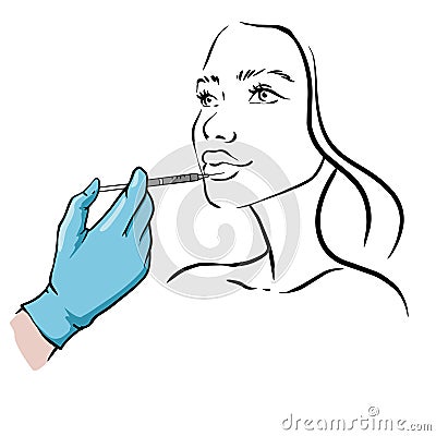 Cosmetic anti age treatment. Beautician makes an injection into the face of a woman. Vector Illustration