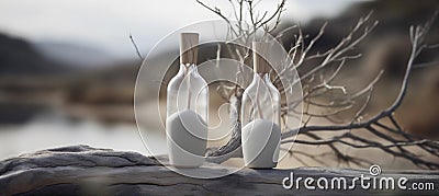 cosmetic background bottle beauty natural branch display product tree layout tree nature. Generative AI. Stock Photo