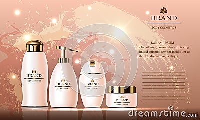 Cosmetic beauty set of body cream, gel, shampoo, soap, packing for skin care Vector Illustration