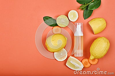 Cosmetic bottle containers with fresh lemon slices, Blank label for branding mock-up, Natural Vitamin C skincare Stock Photo