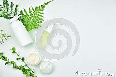 Cosmetic bottle containers with green herbal leaves, Blank label package for branding mock-up Stock Photo