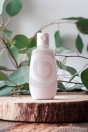 Cosmetic bottle with green leaves of eucalyptus, vertical mock-up. Stock Photo