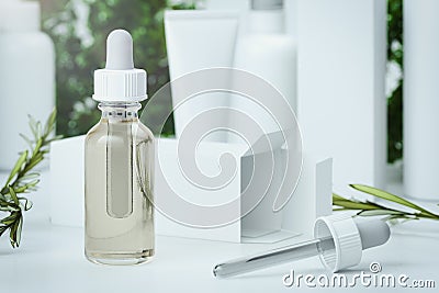 Bottle dropper with olive oil. glass container near Olive branch. 3d rendering. Stock Photo
