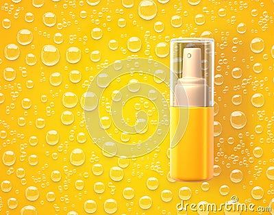 Cosmetic bottle spray with bubbles or water drops on yellow background, 3d render. Face or body oil, essence or serum Stock Photo