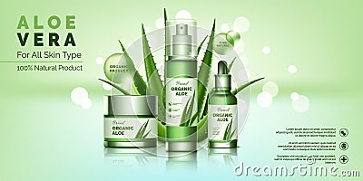 Cosmetic bottles. Ad poster design. Makeup and skincare natural products. Aloe vera gel. Moisturizing cream. Beauty Vector Illustration