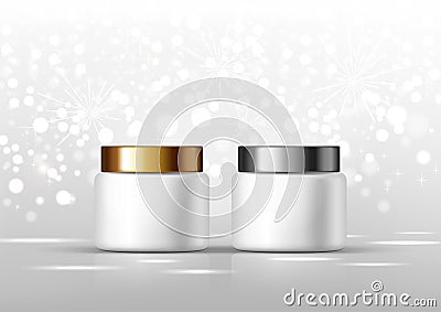 Cosmetic bottles for cream. White jar and gold, silver glossy lid on the gray background for ads. Vector Illustration