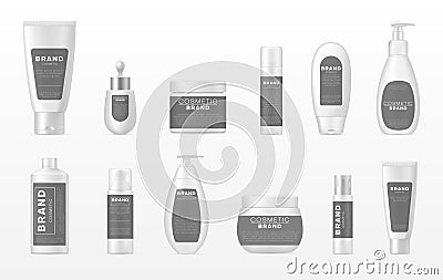 Cosmetic bottles plastic jars tube flacons sprays realistic mockups set. Ready design for your brand Stock Photo