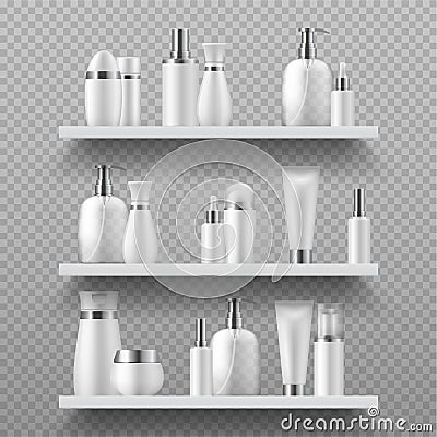 Cosmetic bottles on shelf. Realistic beauty products packaging. 3D blank containers for liquid lotions and shampoos, or Vector Illustration