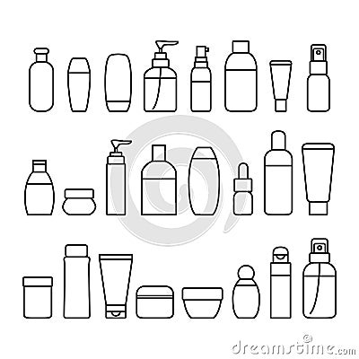 Cosmetic Bottles Signs Black Thin Line Icon Set. Vector Vector Illustration