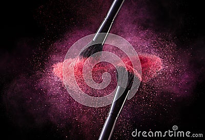 Cosmetic Brushes And Explosion Colorful Powders. Stock Photo