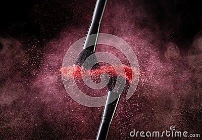 Cosmetic Brushes And Explosion Colorful Powders. Stock Photo
