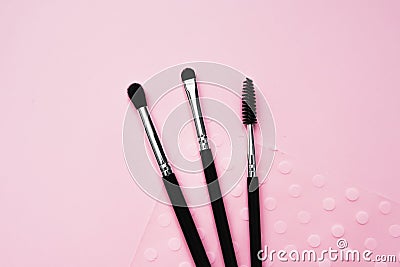 Cosmetic brushes for makeup on a pink background, fashion and beauty Stock Photo