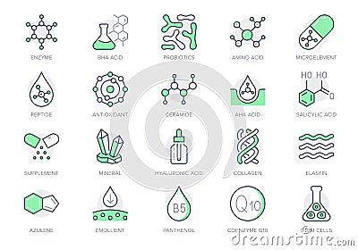 Cosmetic compounds line icons. Vector illustration include icon - vitamin, antioxidant, coenzyme q10, collagen outline Vector Illustration