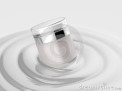 Cosmetic container, floating on liquid cream. Stock Photo