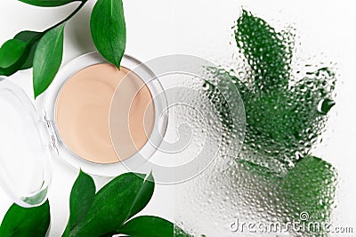 Cosmetic container and plant twigs top view composition. Makeup attribute, natural cosmetology product concept. Leafage behind wet Stock Photo