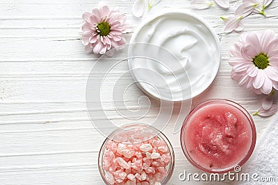 Cosmetic cream, body scrub and bath salt Stock Photo