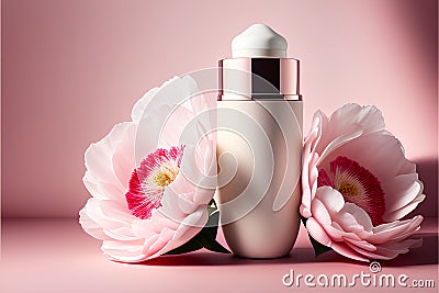 Cosmetic cream bottle with pink peony flowers on a pink background Stock Photo