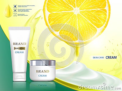 Cosmetic cream with citrus fruit lemon. Packing brand with label Vector Illustration