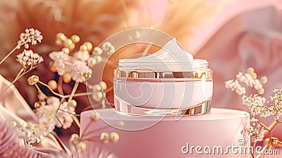 Cosmetic cream in a glass jar on pink background. Skin care concept. Backdrop for beauty products Stock Photo