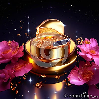 Cosmetic cream in a golden box on a dark background with peony flowers. 3d rendering Generative AI Stock Photo