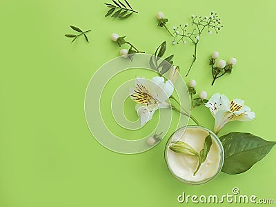 Cosmetic cream, wellness lotion herbal spa cleansing lifestyle floral design flower spring on a colored background Stock Photo