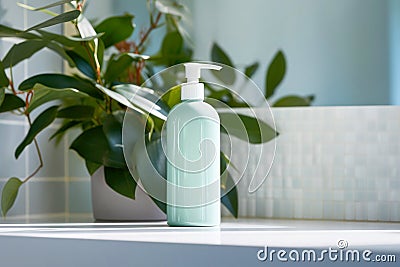 Cosmetic design: a mockup of a liquid shower gel bottle in a bathroom Stock Photo