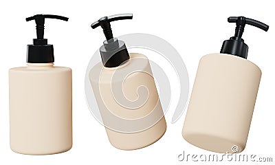 Cosmetic dispenser mockup 3D render, beige plastic care product bottle template isolated on white background Stock Photo