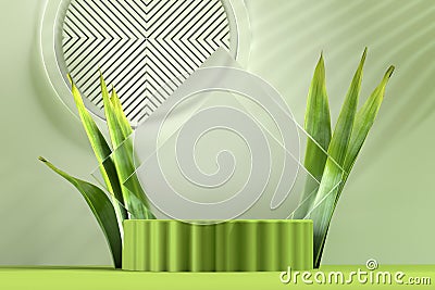 Cosmetic display product stand, Green soft cylinder and green wall with green leaf background. Cartoon Illustration