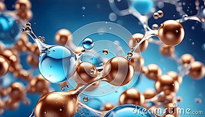 Cosmetic essence, liquid water molecules, molecules inside liquid against DNA water splash background, 3d rendering Cartoon Illustration