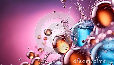 Cosmetic essence, liquid water molecules, molecules inside liquid against DNA water splash background, 3d rendering Cartoon Illustration