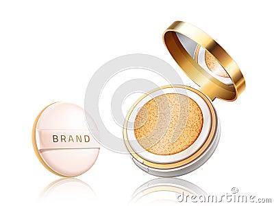 Cosmetic foundation case. Open container with liquid foundation or powder with pillow isolated on white background Vector Illustration