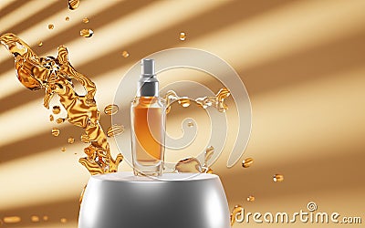 Cosmetic glass bottle spray with golden liquid on podium in sunlight. Perfume in splash water, face or body oil, lotion Cartoon Illustration