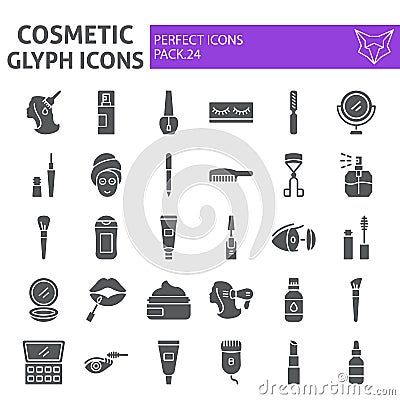 Cosmetic glyph icon set, makeup symbols collection, vector sketches, logo illustrations, beauty signs solid pictograms Vector Illustration