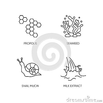 Cosmetic ingredient pixel perfect linear icons set. Honey comb. Seaweed underwater. Snail mucin. Customizable thin line Vector Illustration