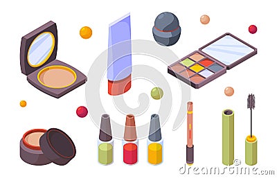 Cosmetic isometric. Beauty makeup accessories for women lipstick eye shadow mirror pencils for lips garish vector icons Cartoon Illustration