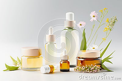 Cosmetic jars with organic creams, serum and essential oils with wild herbs and flowers Stock Photo