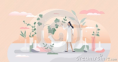 Cosmetic laboratory with herbal skincare product creation tiny person concept Vector Illustration