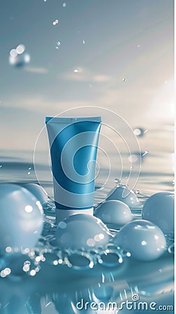 A cosmetic light blue tube of cream product stands on soft spheres of water. Created by artificial intelligence Stock Photo