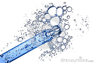 Cosmetic liquid dropper with clear blue serum in pipette with large bubbles isolated on white Stock Photo