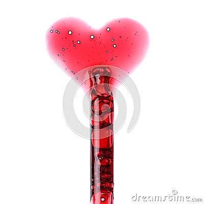 Cosmetic liquid dropper with red serum in pipette and in heart love shape with bubbles Stock Photo