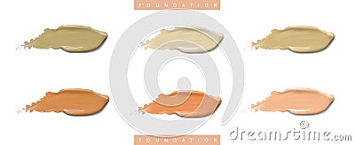 Cosmetic liquid foundation cream set in different colour smudge smear strokes. Make up smears isolated on white Vector Illustration