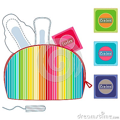 Cosmetic, make up colorful bag with menstruation sanitary pads, tampons, condoms. Hygiene protection for woman critical days Vector Illustration