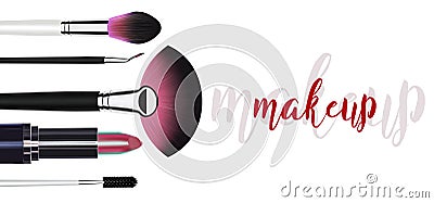 Cosmetic makeup template with blush brushes, mascara and lipstick. Vector Illustration