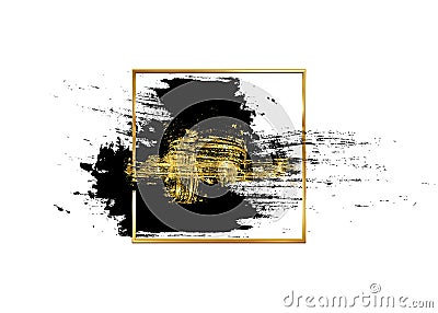Cosmetic mascara stroke with a gold frame for text. Realistic mascara smears. Black and golden paint brush. Grunge texture stroke Vector Illustration